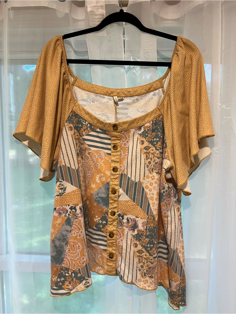 Cato Mustard Patchwork False Button-Front Blouse